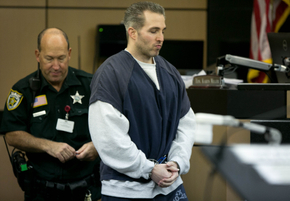 Jeff George, formerly of Wellington, testifies at the first-degree murder trial of former sugeon Gerald Klein following the death of patient Joey Bartolucci. George was brought from prison for testimony at the Palm Beach County Courthouse in West Palm Beach Florida on August 25, 2015. Klein was acquitted of in September, 2015.